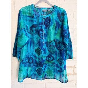 Chico's Blue Green Abstract Ikat Blouse Size 3 Sheer Lightweight Top Party Chic